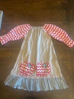Girls Chevron Elephant Dress with Red Puff Sleeves